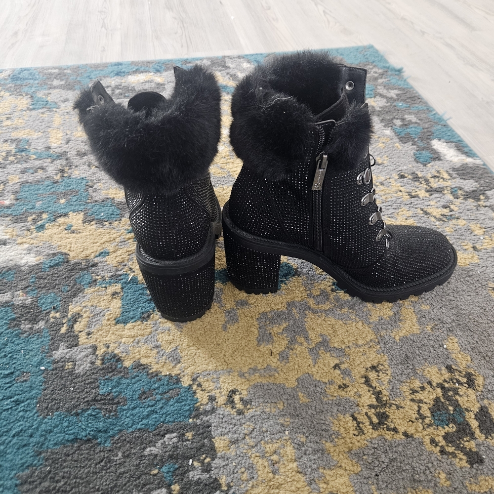 Elegant Black Fur-Trimmed Rhinestone Ankle Boots